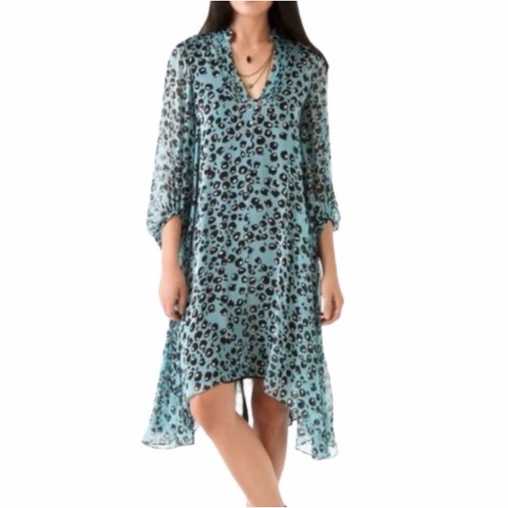 Diane Von Furstenberg Teal Kipling Silk Leopard Print High-Low Dress Size 4